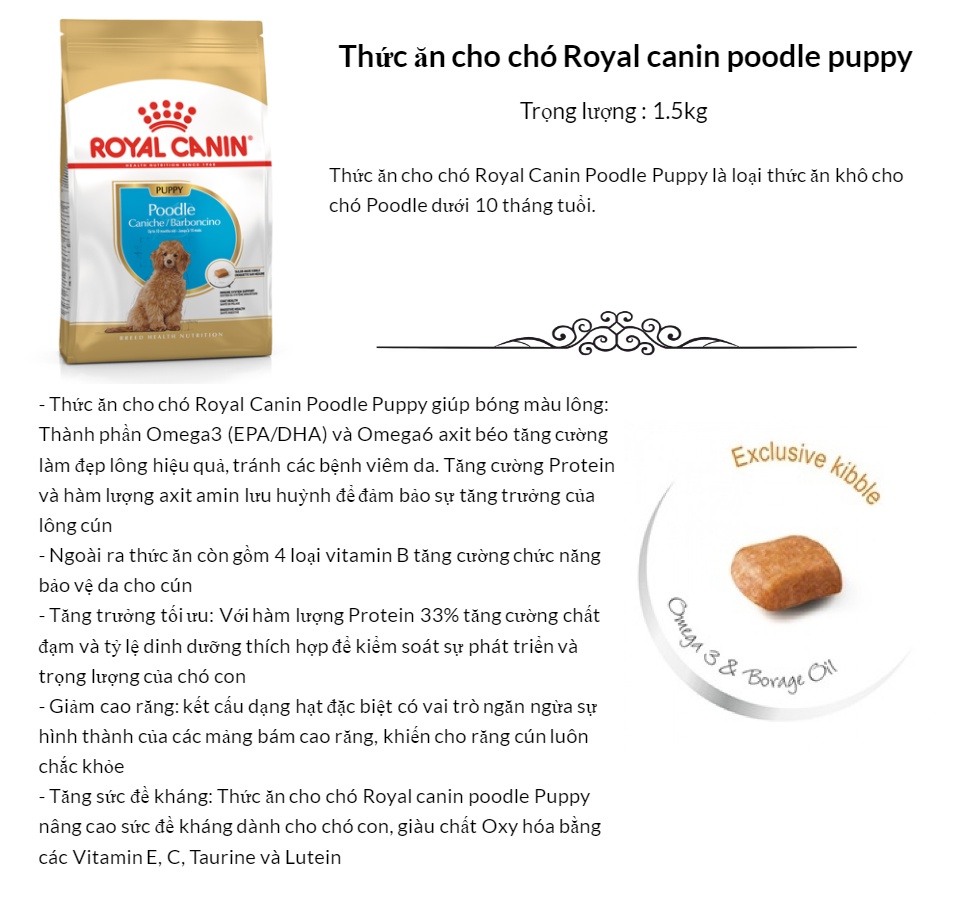 Thức ăn cho chó Poodle dưới 10 tháng tuổi Royal canin poodle puppy 1.5kg