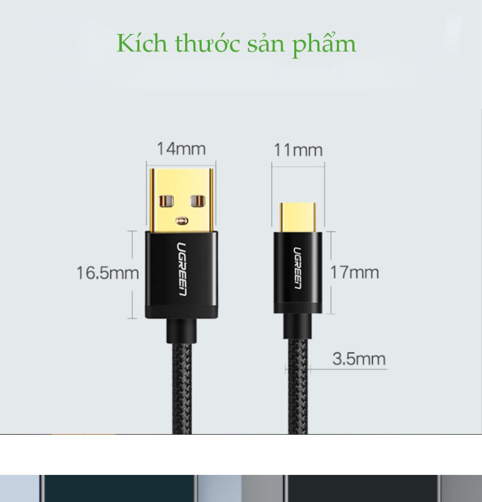 Cáp sạc USB Type-C UGREEN US174 (A sang C) - Hỗ trợ dòng tối đa 3A, dây bện nylon siêu bền, tương thích với điện thoại Samsung / Xiaomi / Oppo / Huawei / OnePlus / Redmi / Realme Cáp sạc USB Type-C UGREEN US174 (A sang C) - Hỗ trợ dòng tối đa 3A, dây bện nylon siêu bền, tương thích với điện thoại Samsung / Xiaomi / Oppo / Huawei / OnePlus / Redmi / Realme