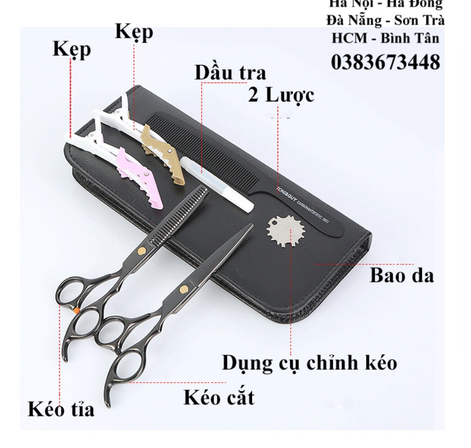 Cắt Tóc Chiếc Lá Nhọn, Bộ Đôi Kéo Cắt Tỉa Chuyên Dụng Kèm 8 Phụ Kiện, tóc cắt layer ngang vai - Combo 2 kéo cắt và kéo tỉa tóc + Phụ Kiện