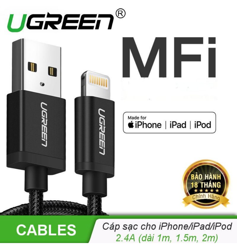 Cáp sạc iPhone Lightning MFi UGREEN US199 - Sạc tối ưu cho điện thoại iPhone 11 Pro Max / iPhone Xs Max / iPhone XR / iPhone 8 Plus / iPad / iPod dài từ 0.25m đến 2m Cáp sạc iPhone Lightning MFi UGREEN US199 - Sạc tối ưu cho điện thoại iPhone 11 Pro Max / iPhone Xs Max / iPhone XR / iPhone 8 Plus / iPad / iPod dài từ 0.25m đến 2m