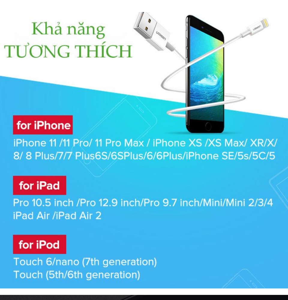 Cáp sạc iPhone Lightning MFi UGREEN US199 - Sạc tối ưu cho điện thoại iPhone 11 Pro Max / iPhone Xs Max / iPhone XR / iPhone 8 Plus / iPad / iPod dài từ 0.25m đến 2m Cáp sạc iPhone Lightning MFi UGREEN US199 - Sạc tối ưu cho điện thoại iPhone 11 Pro Max / iPhone Xs Max / iPhone XR / iPhone 8 Plus / iPad / iPod dài từ 0.25m đến 2m