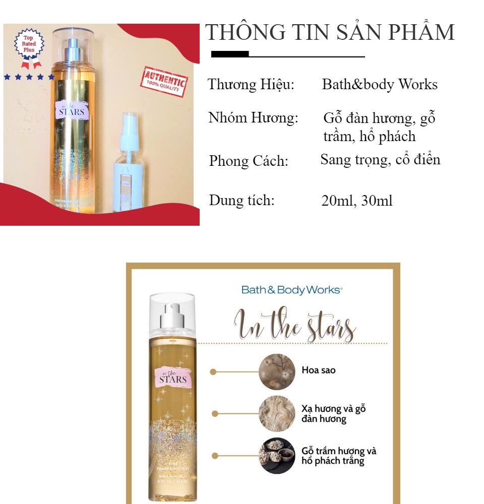 Xịt Thơm Cơ Thể Body Mist Bath&Body Work In The Star Chai 30ml - Hương Gỗ Ấm Thơm Sang Trọng