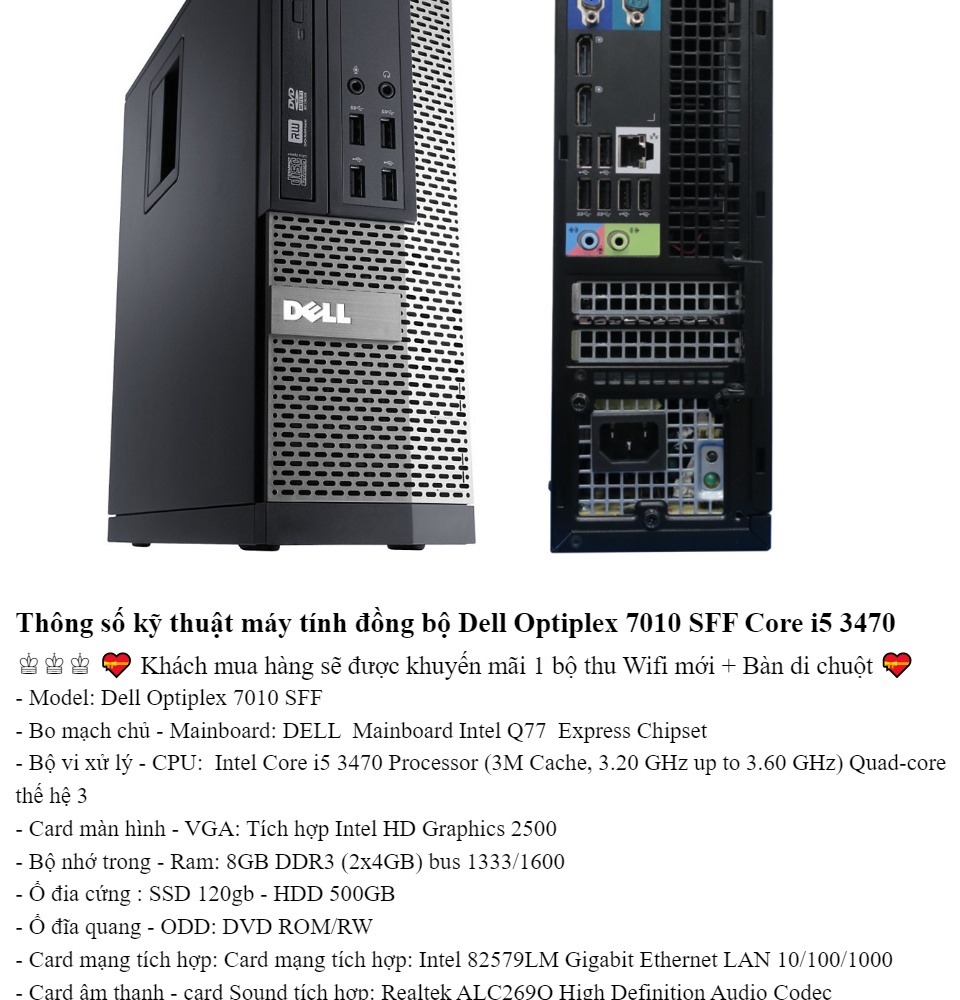 Trả góp 0%]Case máy tính đồng bộ Dell Optiplex 7010 SFF Core i5 3470 | RAM  8GB | SSD 120GB | SSD 240GB 