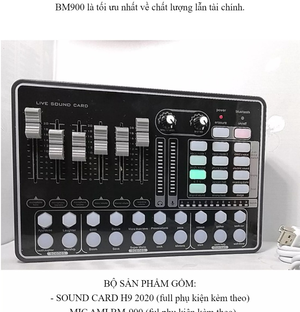 Bộ Combo Hát Live Thu âm Sound Card H9 + Mic Ami BM990 Full phụ
