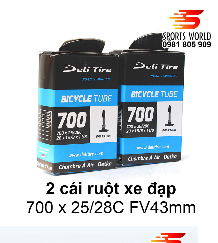 2 cái ruột xe đạp săm xe đạp 700x25/28 van Pháp dài 43mm FV43mm DELI-TIRE