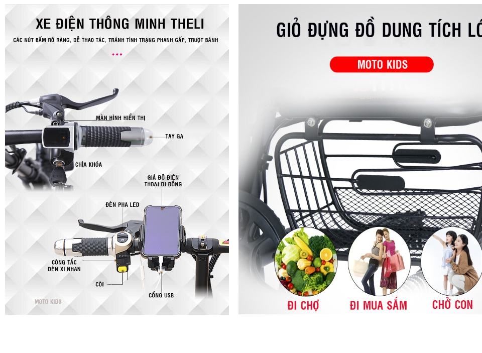 Xe đạp điện mini gấp gọn THELI / Pin Khủng Lithium 48v-100km/3 Ghế Ngồi