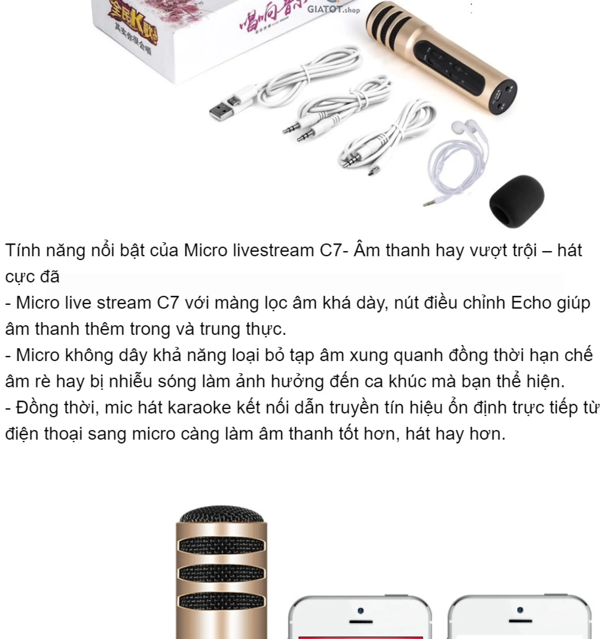 Micro Livestream C7 Thu Âm Hát Karaoke Livestream Trên Điện Thoại 3 in 1 Mic