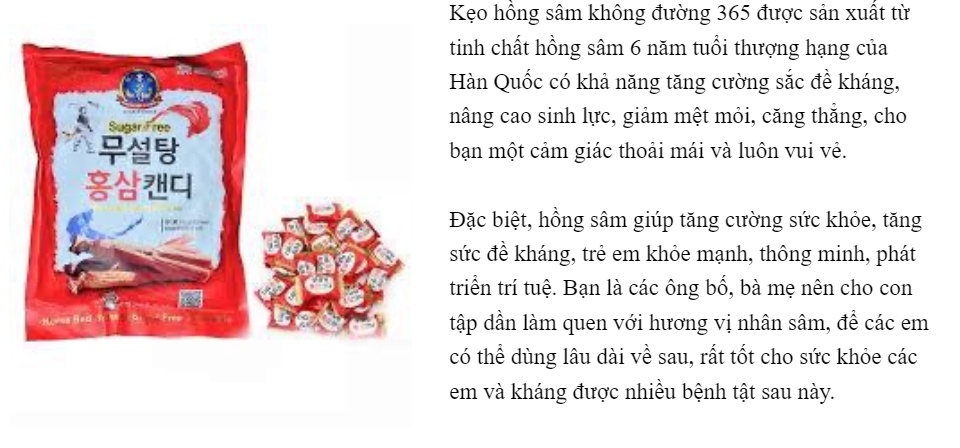Kẹo Sâm Không Đường Đỏ 365 Hàn Quốc Gói 500gram - Kẹo Dùng Đường Cho Người Bị Tiểu Đường  (500g)