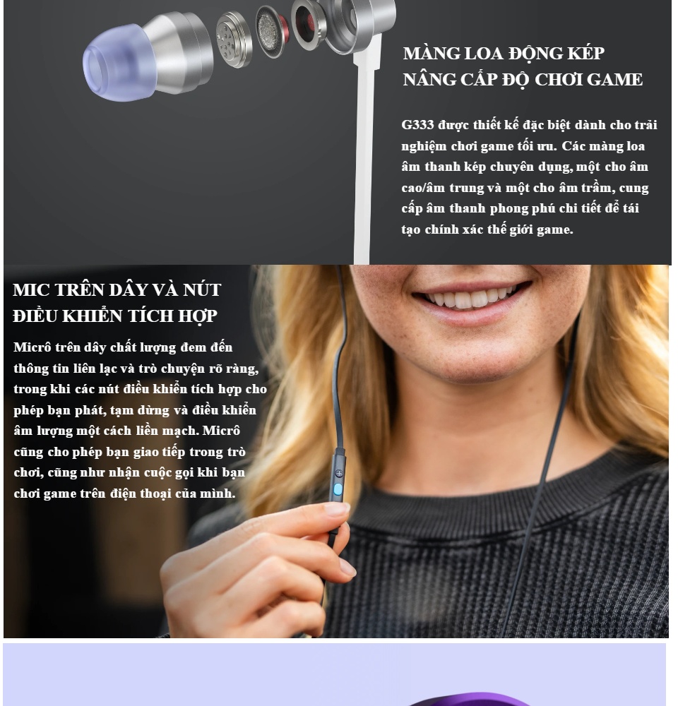 Tai nghe game in-ear Logitech G333 - Màng loa động kép Dual Driver độ bền