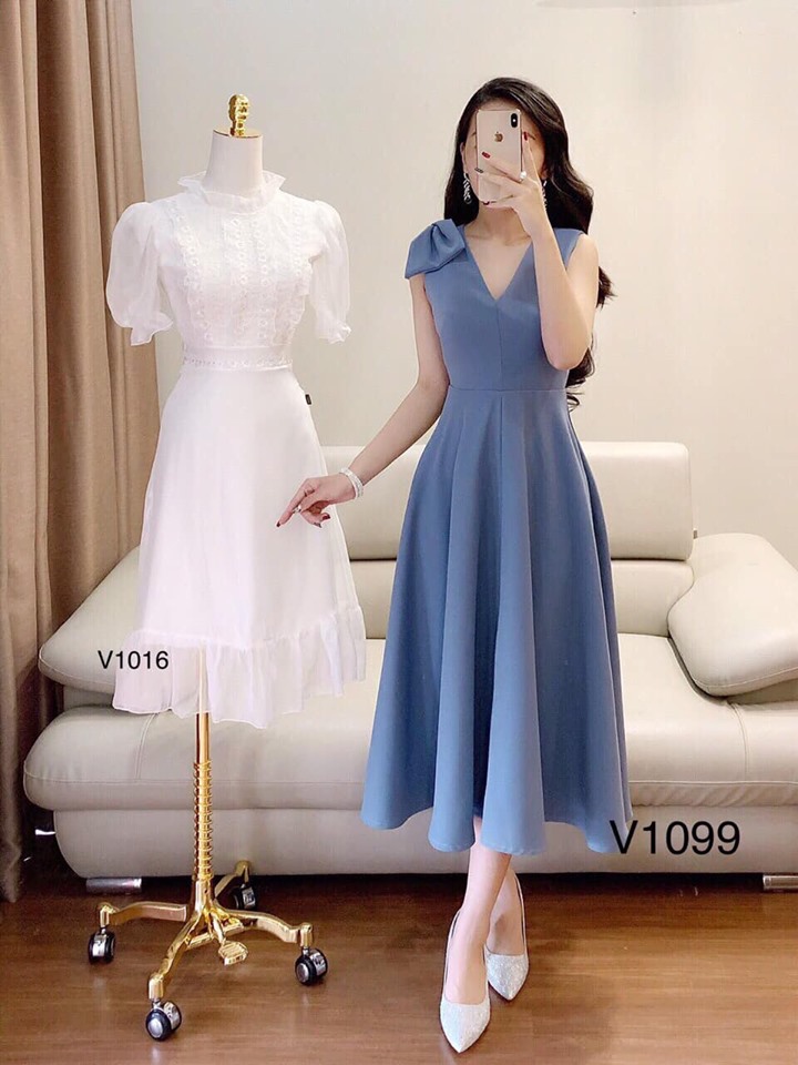 Đầm Xòe Nơ Vai ( Màu Xanh Thanh Lịch ) Thời Trang V1099 | Lazada.vn