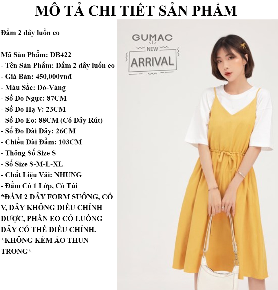 Váy đầm nữ đẹp kiểu dáng  2 dây luồn eo thời trang GUMAC mẫu mới DB422