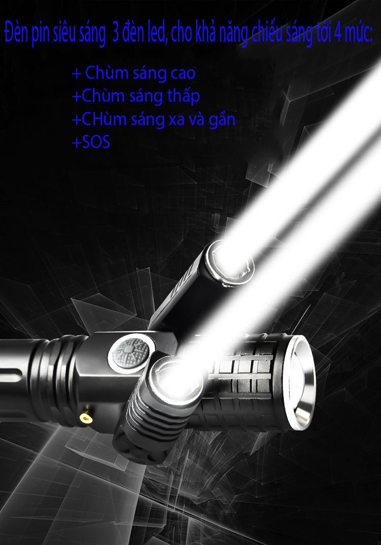 Đèn pin cầm tay 3 PHA 3 Bóng Led SIÊU SÁNG Xoay 360 Độ + Pin sạc 18650 cao cấp 6800mAh, Đèn led siêu sáng 3 bóng CHỐNG NƯỚC