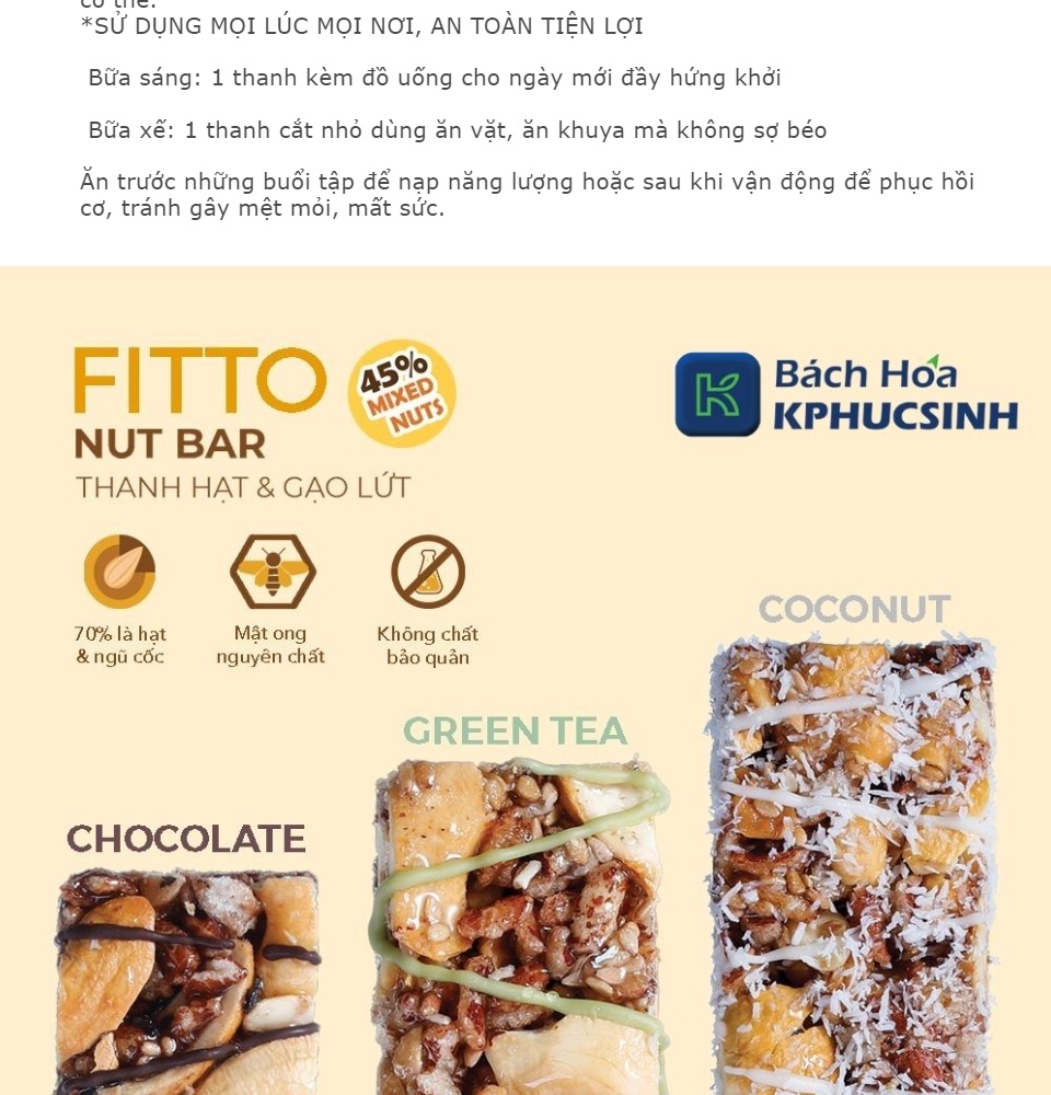 Hộp 6 Thanh Năng Lượng Fitto Sô Cô La, Trà Xanh, Dừa Begin 365