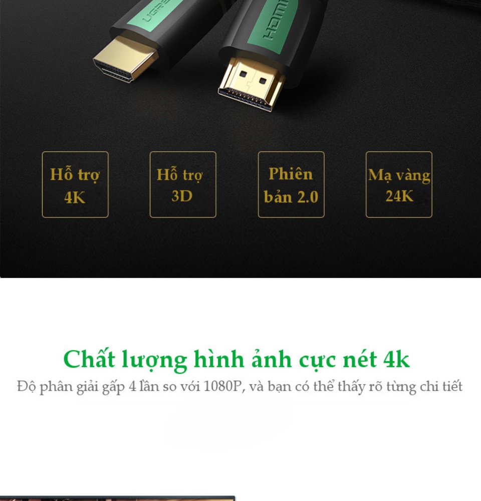 Dây cáp HDMI 2.0 thuần đồng 100%, 19+1 dùng cho Tivi, máy tính, máy chiếu, màn hình... 2m UGREEN HD107 Dây cáp HDMI 2.0 thuần đồng 100%, 19+1 dùng cho Tivi, máy tính, máy chiếu, màn hình... 2m UGREEN HD107
