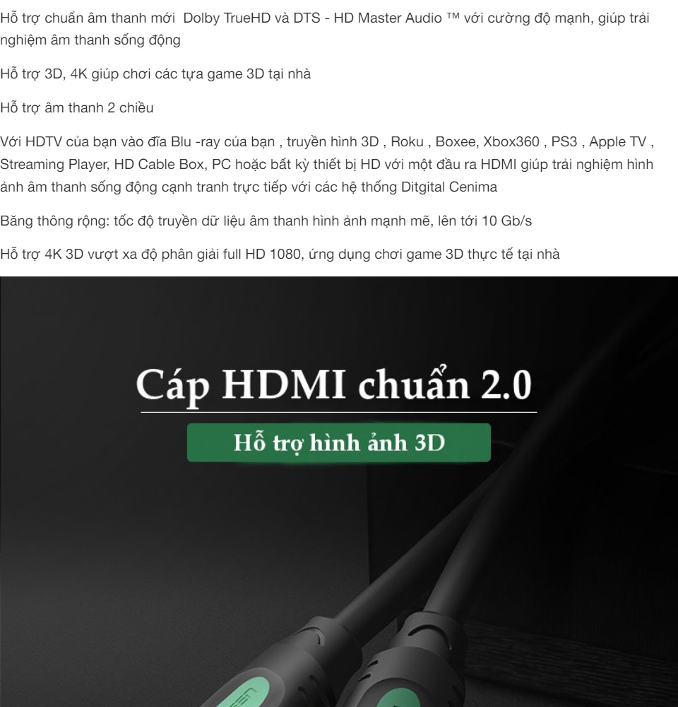Dây cáp HDMI 2.0 thuần đồng 100%, 19+1 dùng cho Tivi, máy tính, máy chiếu, màn hình... 2m UGREEN HD107 Dây cáp HDMI 2.0 thuần đồng 100%, 19+1 dùng cho Tivi, máy tính, máy chiếu, màn hình... 2m UGREEN HD107