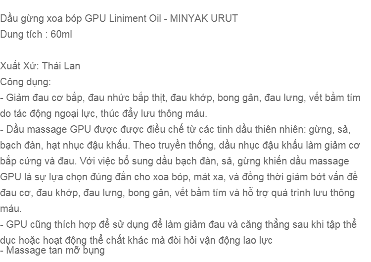 Dầu gừng xoa bóp GPU Minyak Urut Thái Lan - sản phẩm chất lượng