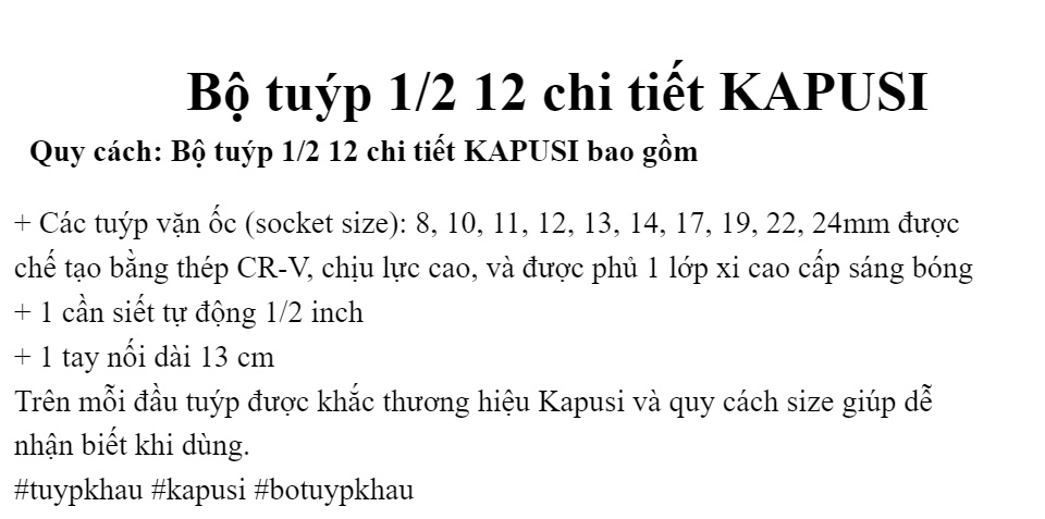 BỘ TUÝP KHẨU 1/2 KAPUSI NHẬT BẢN-BỘ TAY VẶN KÈM KHẨU VẶN ỐC Tuýp mở bulong Bộ điếu mở ốc bộ khẩu mở siết ốc bộ tuýp Nhật Bản bộ tuýp sửa xe máy bộ khẩu tuýp