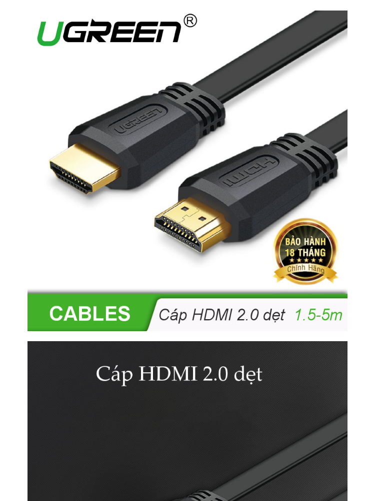 Cáp HDMI 2.0 cao cấp, hỗ trợ 4Kx2K, 3D Full HD1080 dạng dây dẹt UGREEN ED015 Cáp HDMI 2.0 cao cấp, hỗ trợ 4Kx2K, 3D Full HD1080 dạng dây dẹt UGREEN ED015