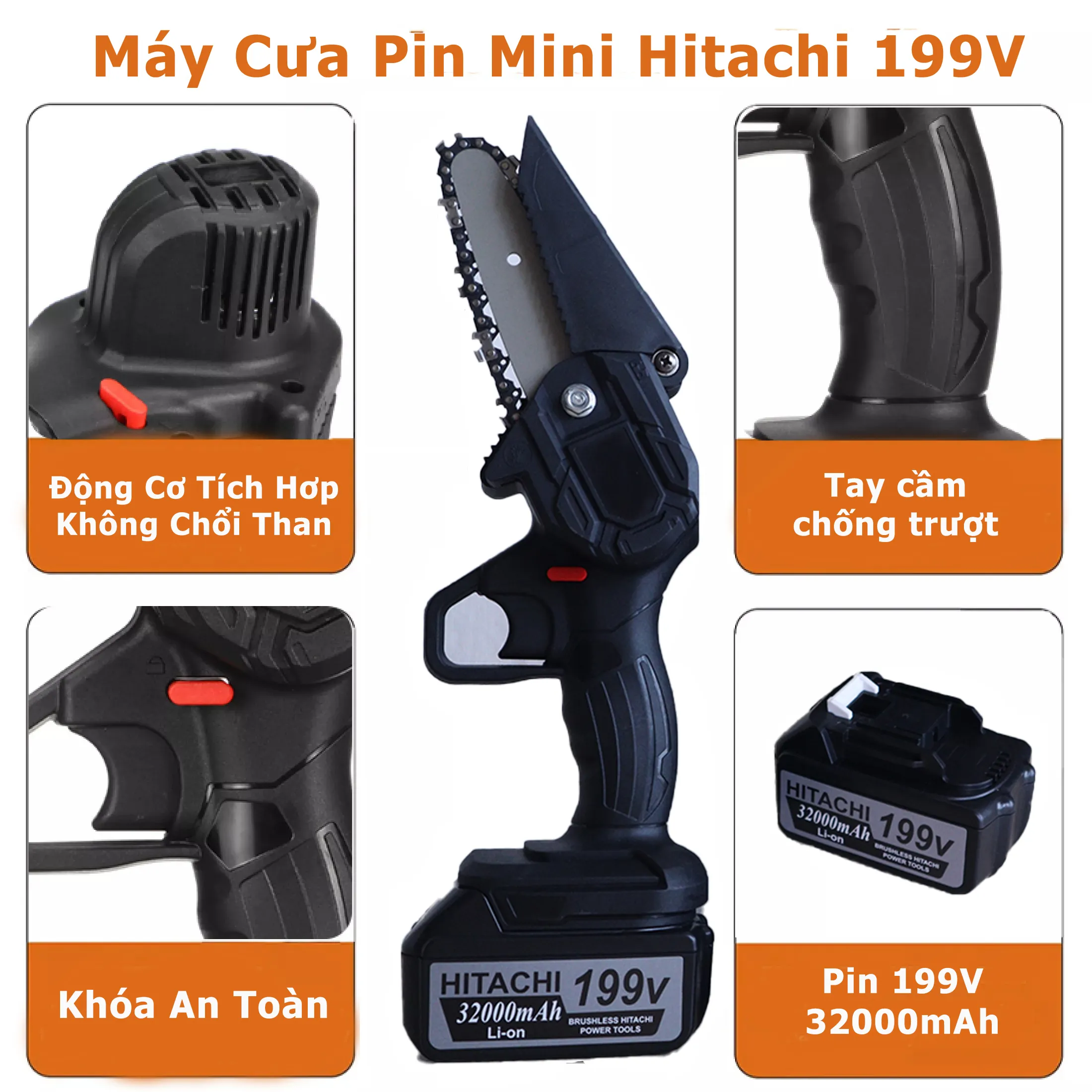 Máy cưa xích dùng pin cầm tay Hitachi 199V- Máy cưa xích Hitachi- Cưa xích