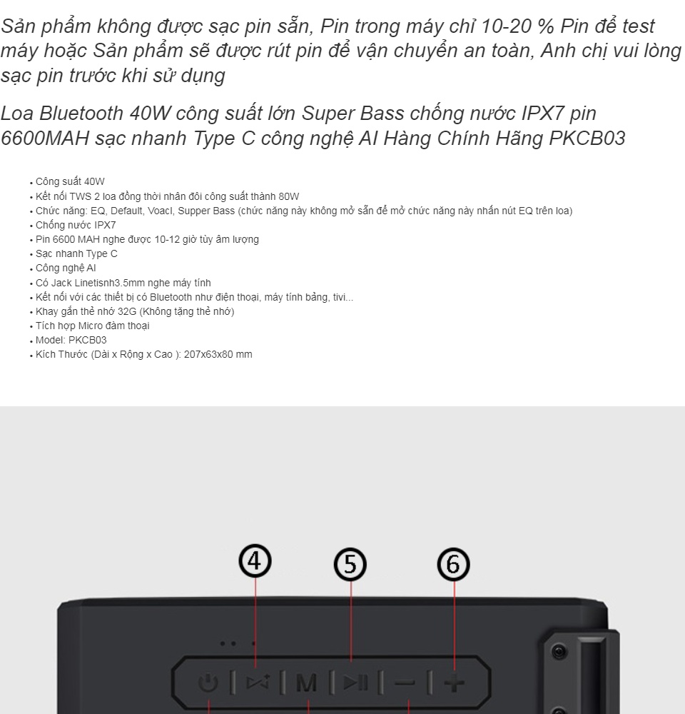 Loa Bluetooth không dây công suất lớn Super Bass chống nước IPX7 pin 6600MAH sạc