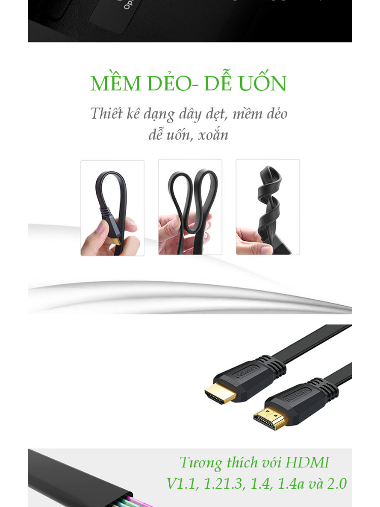 Cáp HDMI 2.0 cao cấp, hỗ trợ 4Kx2K, 3D Full HD1080 dạng dây dẹt UGREEN ED015 Cáp HDMI 2.0 cao cấp, hỗ trợ 4Kx2K, 3D Full HD1080 dạng dây dẹt UGREEN ED015