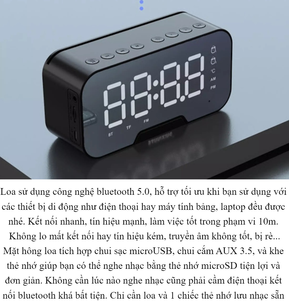 Loa Bluetooth V5.0 Kiêm Đồng Hồ Báo Thức Model K10 Nền Tráng Gương 3 Chế