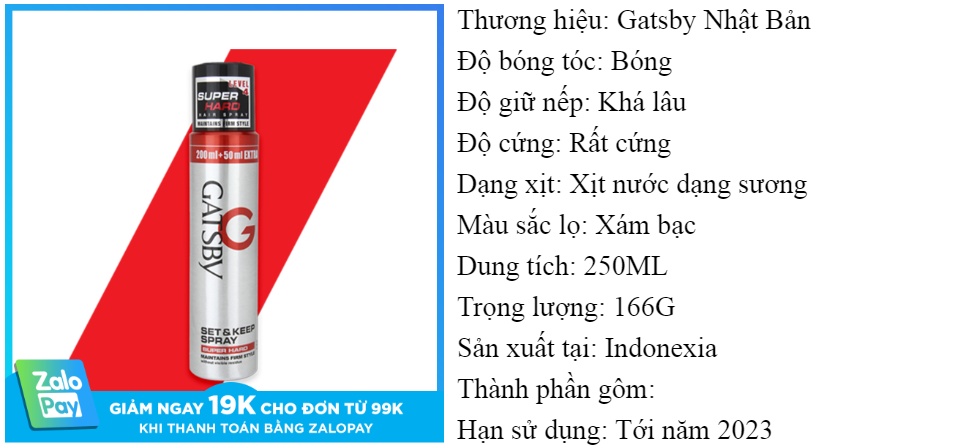 Gôm xịt tóc cao cấp đến từ Nhật Bản Gatsby Hair Spray Super Hard 250ml