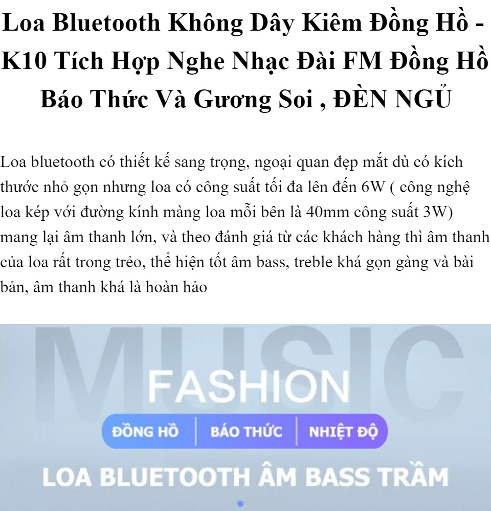Loa Bluetooth V5.0 Kiêm Đồng Hồ Báo Thức Model K10 Nền Tráng Gương 3 Chế