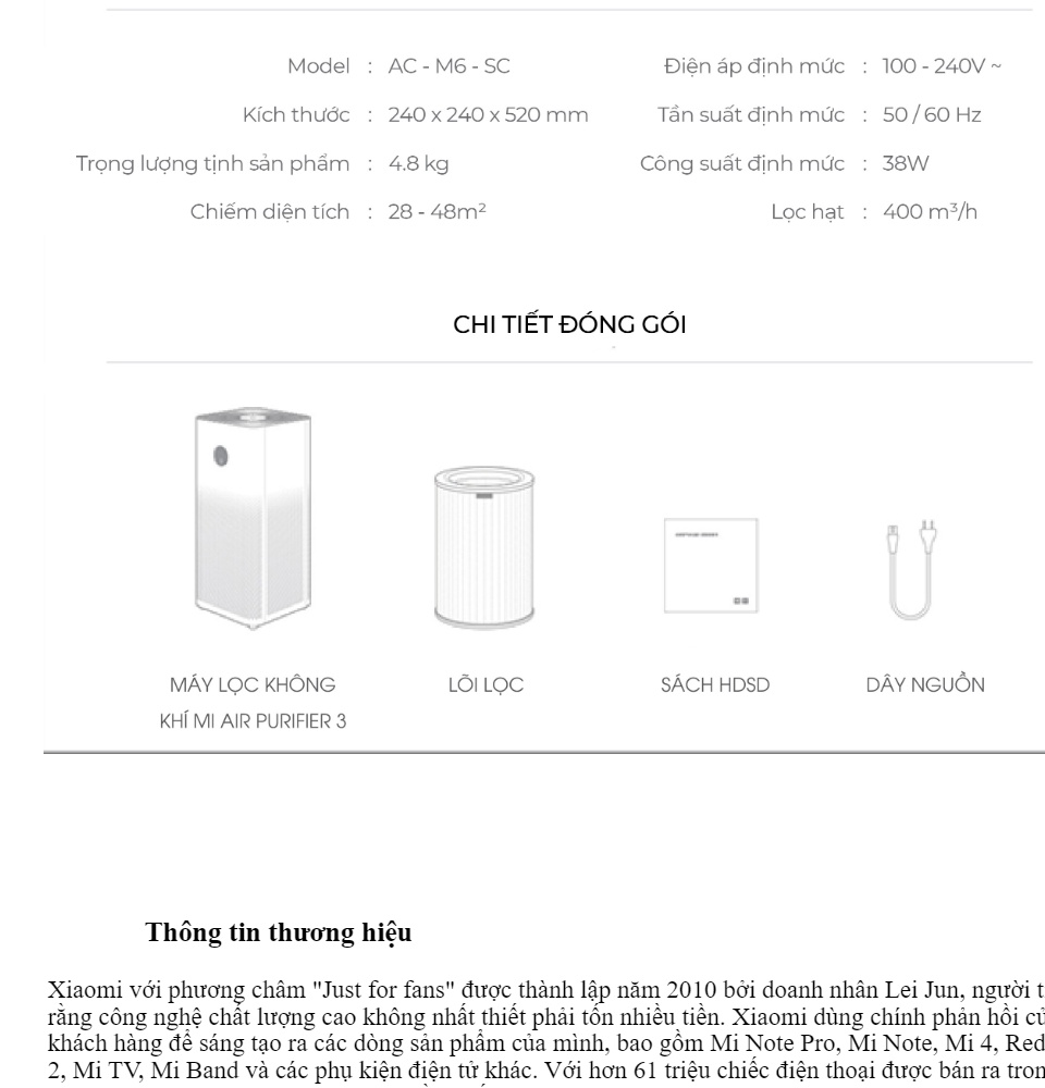 Máy lọc không khí Xiaomi Mi Air Purifier 3H - Diện tích 48m2 Công suất