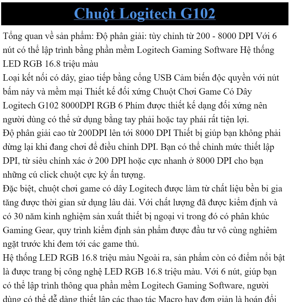 Chính Hãng Logitech - Chuột Có Dây Logitech G102 Prodigy RGB LED - 8000DPI Bảo