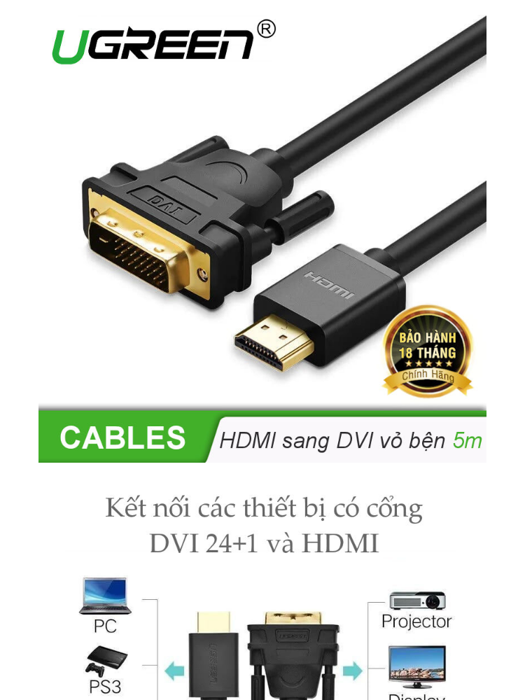 Cáp chuyển đổi tín hiệu từ cổng DVI 24+1 sang HDMI và ngược lại từ HDMI sang DVI 24+1 vỏ bện nylon, độ dài từ 1-5m UGREEN HD133 Cáp chuyển đổi tín hiệu từ cổng DVI 24+1 sang HDMI và ngược lại từ HDMI sang DVI 24+1 vỏ bện nylon, độ dài từ 1-5m UGREEN HD133