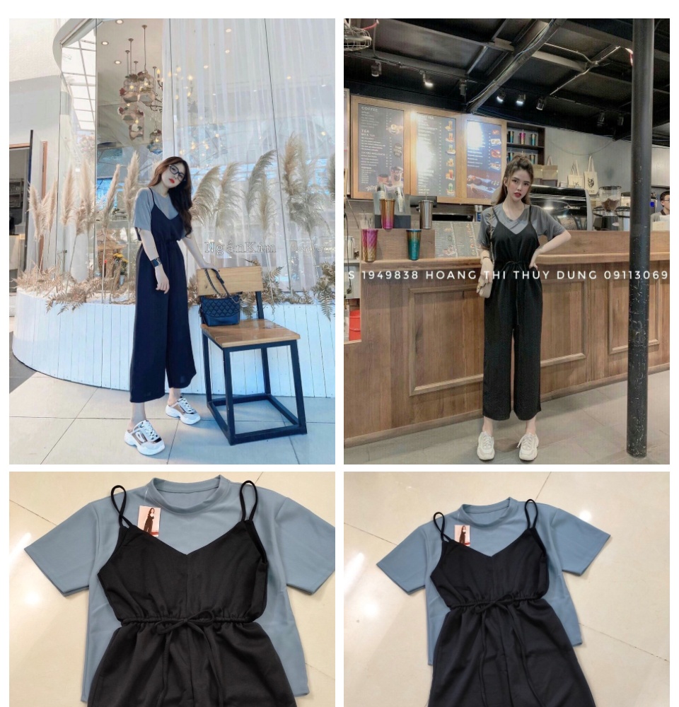 Sét Bộ Jum 2 Dây Cổ Yếm Quần Dài Ống Rộng & Áo Thun COTTON Phong Cách Cá Tính.Qc