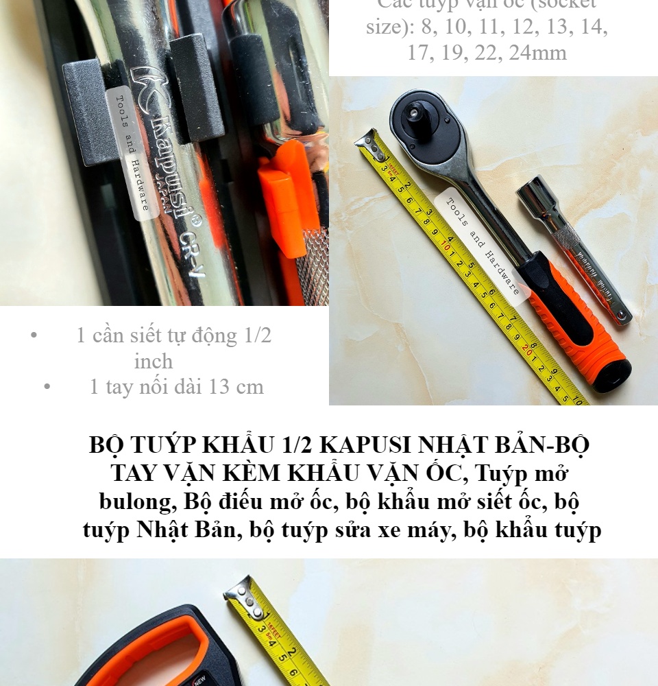 BỘ TUÝP KHẨU 1/2 KAPUSI NHẬT BẢN-BỘ TAY VẶN KÈM KHẨU VẶN ỐC Tuýp mở bulong Bộ điếu mở ốc bộ khẩu mở siết ốc bộ tuýp Nhật Bản bộ tuýp sửa xe máy bộ khẩu tuýp