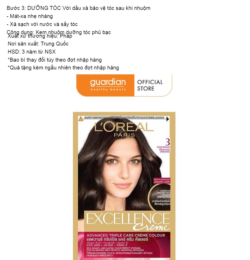 Thuốc nhuộm tóc L'oreal Paris Excellence Creme #3 Dark Brown 172ml (Màu Nâu Đen Tự Nhiên)