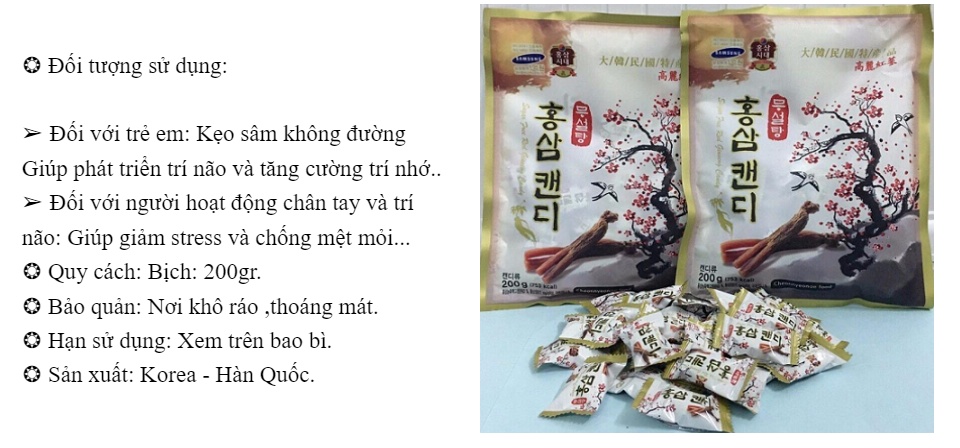 Kẹo Sâm Cành Đào Không Đường Hàn Quốc túi 200gr