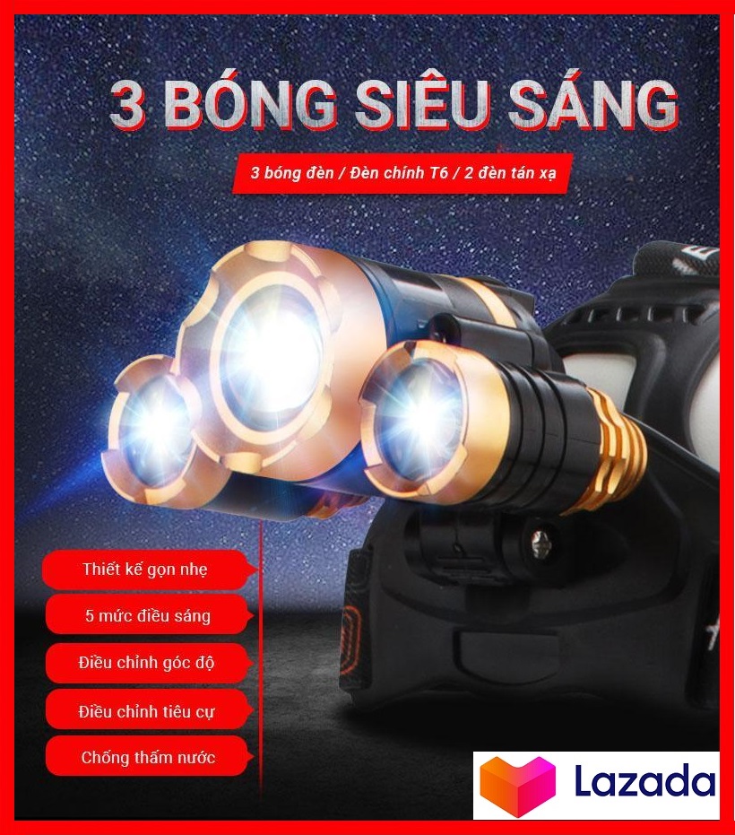 Đèn Pin Đội Đầu Sạc Điện Máy Xanh - (Đèn Tốt )Đèn Pin Đội Đầu Siêu Sáng - Đèn Pin Led Siêu Sáng Đội Đầu 3 Bóng (Đen) Nhiều Chế Độ Tặng Kèm Pin Và Sạc