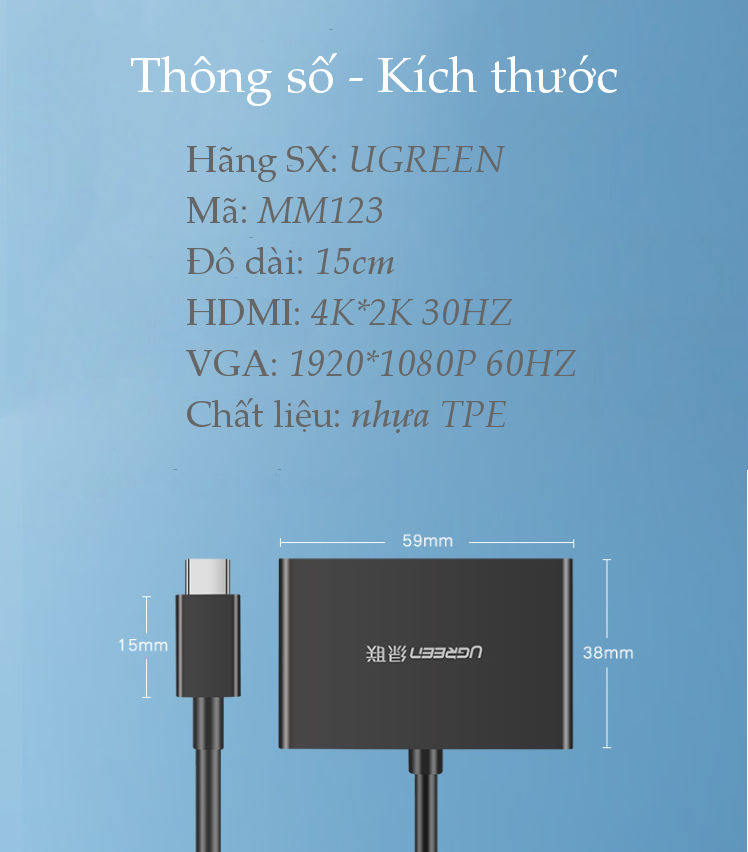Bộ chuyển đổi USB Type C sang HDMI/VGA hình ảnh 3D 4kx2k 30HZ, độ phân giải 1920x1080P 60HZ cho MacBook, các thiết bị hỗ trợ cổng USB type C... dài 10-15cm UGREEN CM162 Bộ chuyển đổi USB Type C sang HDMI/VGA hình ảnh 3D 4kx2k 30HZ, độ phân giải 1920x1080P 60HZ cho MacBook, các thiết bị hỗ trợ cổng USB type C... dài 10-15cm UGREEN CM162