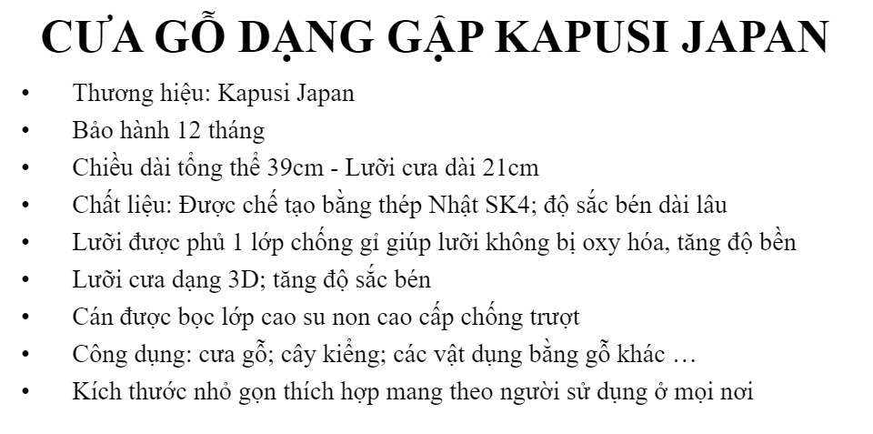 Cưa gỗ cầm tay dạng gập hãng Kapusi Japan chiều dài 210m bảo hành 12