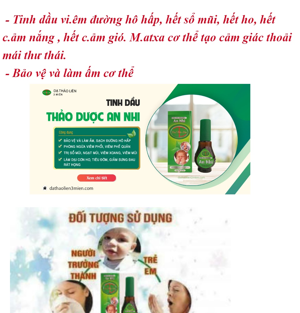 Tinh dầu an nhi ,viêm đường hô hấp, làm ấm, hết ho, hết c.ảm nắng, c.ảm gió, hết sổ mũi..DTL (20ml) .tặng 1 con lăn mattxa cầm tay 3D hoặc 1 tinh dầu sả chanh nguyên chất 45k