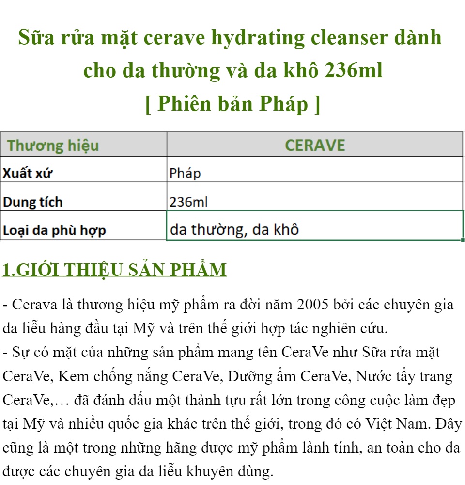 Sữa rửa mặt cerave hydrating cleanser dành cho da thường và da khô 236ml - Phiên bản Pháp