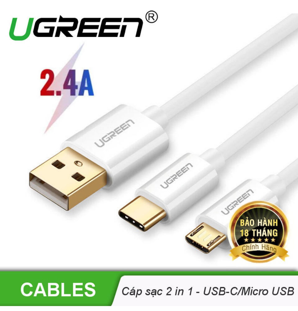 Cáp sạc 2 trong 1 cổng Micro USB và USB-C UGREEN US196 US197 - Hỗ trợ sạc nhanh, dài 1m, tương thích với điện thoại Samsung / Xiaomi / Oppo / Huawei / OnePlus / Redmi / Realme Cáp sạc 2 trong 1 cổng Micro USB và USB-C UGREEN US196 US197 - Hỗ trợ sạc nhanh, dài 1m, tương thích với điện thoại Samsung / Xiaomi / Oppo / Huawei / OnePlus / Redmi / Realme