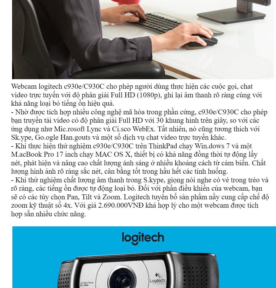 Webcam Logitech C930E C930C - Hàng Nhập Khẩu - Webcam Logitech C930C-930E(960-000976), Video Call Full Hd, Lấy Nét Tự Động, Ống Kính Zeiss Zoom 4x, Dual Mic 5
