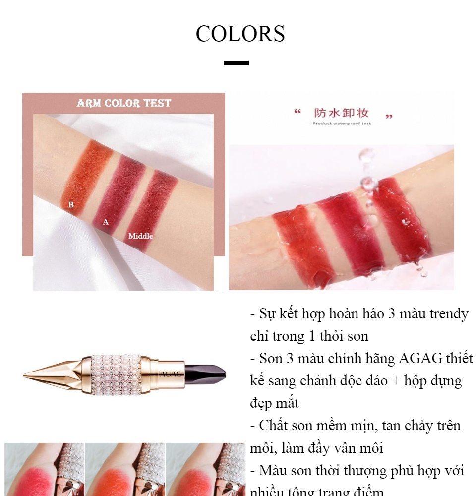 [Chính Hãng] Son 3 màu - Son 3 màu AGAG son lì dưỡng ẩm lâu trôi son môi 3 màu son thỏi bền màu son nội địa Trung son ba màu chính hãng