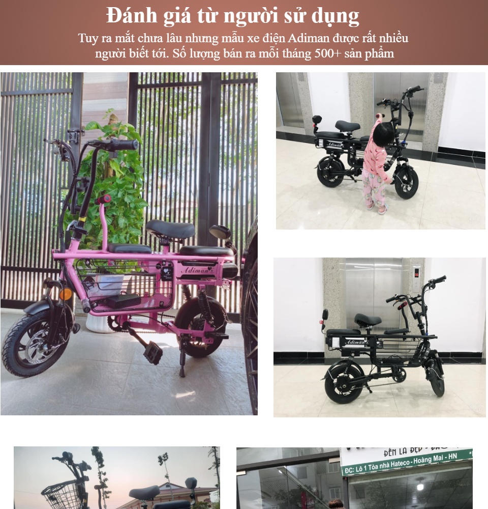 Xe Điện Mini Gấp Gọn Adiman Xe Đạp Điện Giỏ To 3 Ghế Ngồi Pin