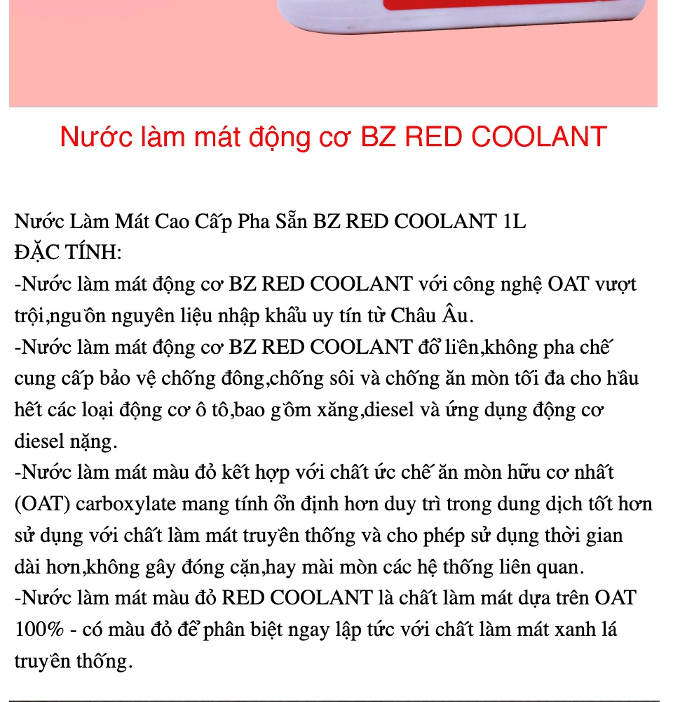[hcm]nước làm mát cao cấp pha sẵn bz red coolant 1l 2
