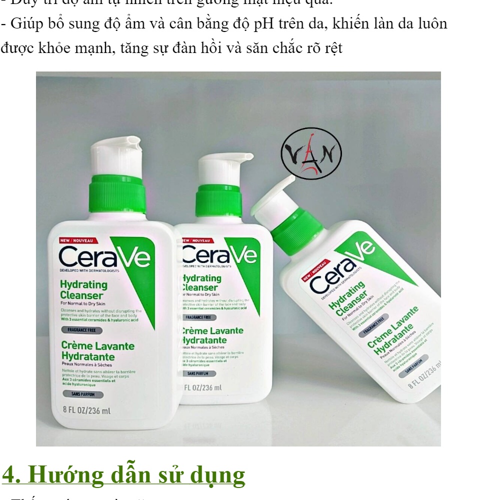 Sữa rửa mặt cerave hydrating cleanser dành cho da thường và da khô 236ml - Phiên bản Pháp