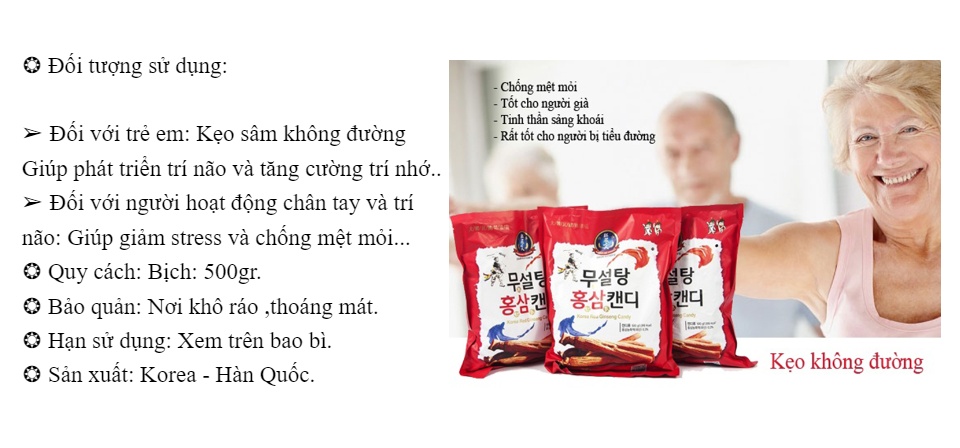 Kẹo Sâm Không Đường Đỏ 365 Hàn Quốc Gói 500gram - Kẹo Dùng Đường Cho Người Bị Tiểu Đường  (500g)