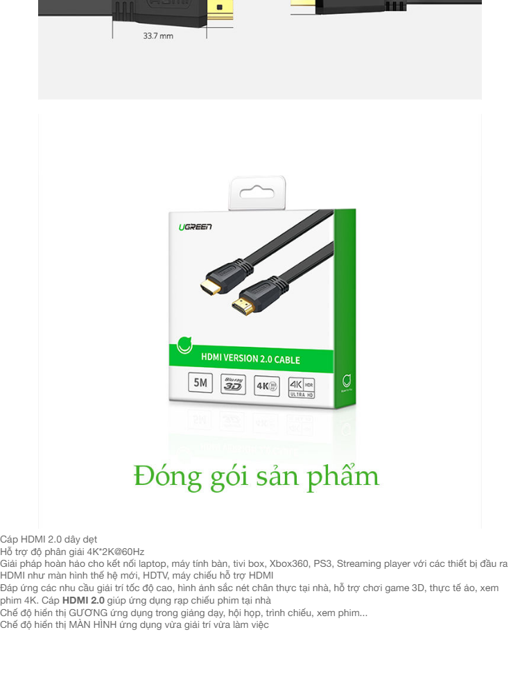 Cáp HDMI 2.0 cao cấp, hỗ trợ 4Kx2K, 3D Full HD1080 dạng dây dẹt UGREEN ED015 Cáp HDMI 2.0 cao cấp, hỗ trợ 4Kx2K, 3D Full HD1080 dạng dây dẹt UGREEN ED015