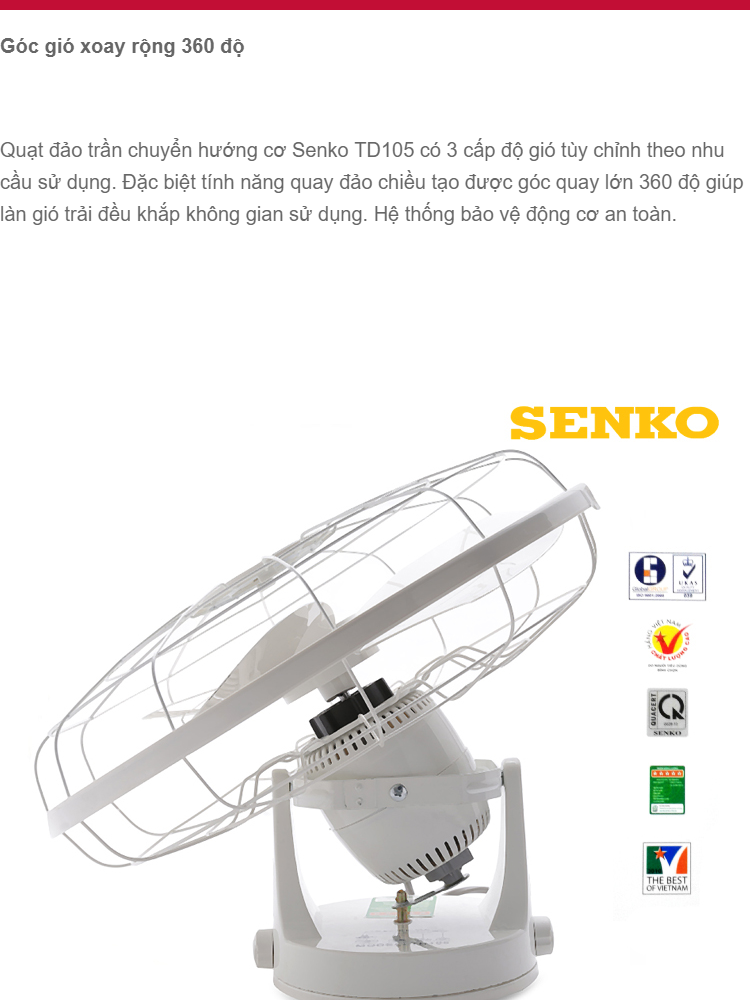 Quạt trần đảo SenKo TD105 - 3 tốc gió, Toàn bộ quạt được làm từ