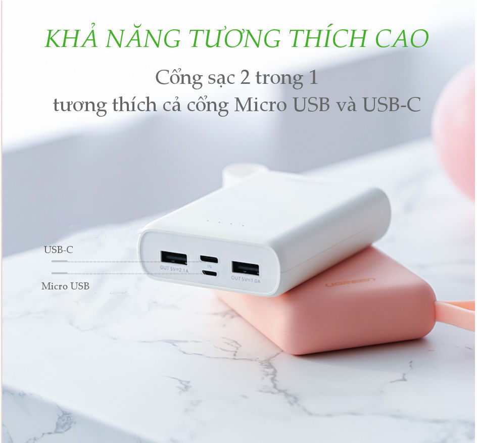 Sạc dự phòng 10000mAh có móc treo tay, 2 cổng sạc USB sử dụng cùng lúc 2 điện thoại, hỗ trợ 2 cổng Micro USB và USB type C UGREEN PB133 60197 Sạc dự phòng 10000mAh có móc treo tay, 2 cổng sạc USB sử dụng cùng lúc 2 điện thoại, hỗ trợ 2 cổng Micro USB và USB type C UGREEN PB133 60197
